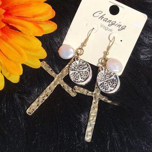Long Boho Earrings Hammered Cross Pearl Dangles
